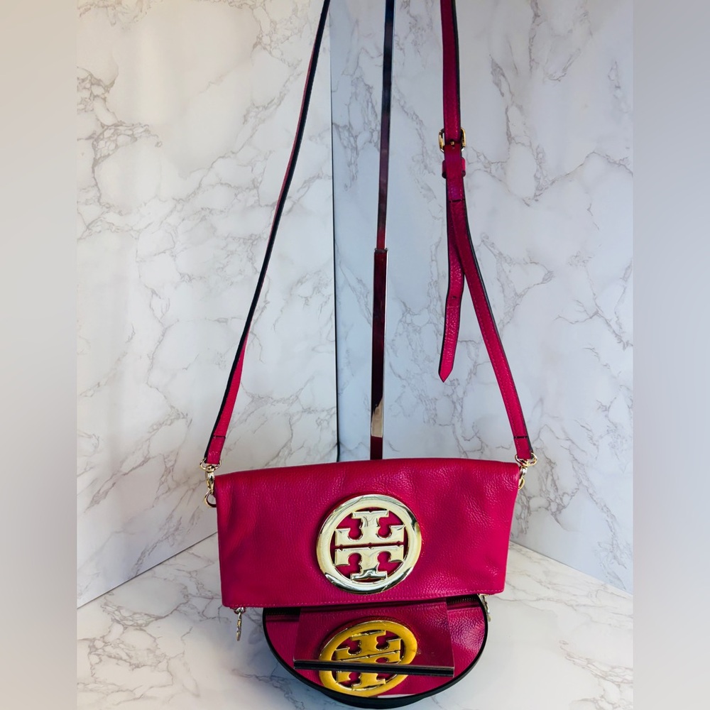 TORY BURCH Amanda Foldover Clutch Crossbody w/Pink Leather w/Golden Accents, EUC - Picture 8 of 16